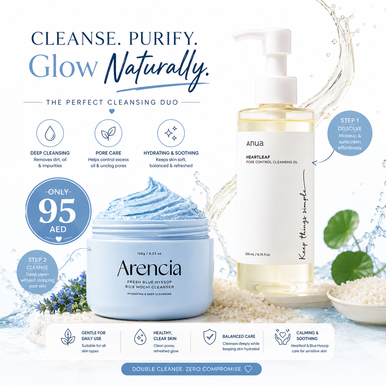 [Arencia] Fresh Blue Hyssop Rice Mochi Cleanser 120g + [Anua] Heartleaf Pore Control Cleansing Oil 200ml